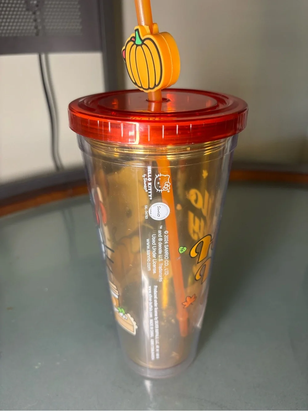 Hello Kitty Orange Pumpkin Straw Tumbler with Red Bow